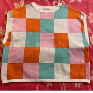 Color block orange white and aqua crewneck sleeveless sweater SZ Large